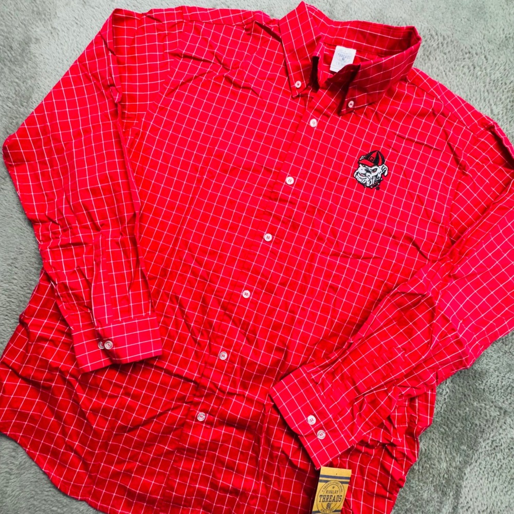 Rivalry Threads‎ Mens XL Red White Plaid Bulldog Embroidered Button Down Shirt